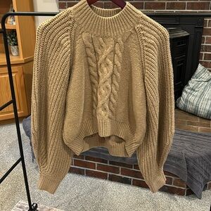Tan Wool turtleneck cropped woven sweater